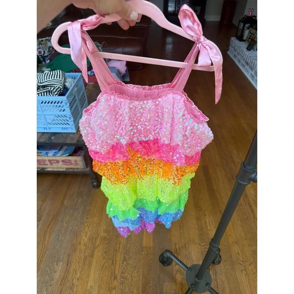 Lola + The Boys Kids' Neon Sequin Ruffle Dress vibrant, rainbow-colored 8